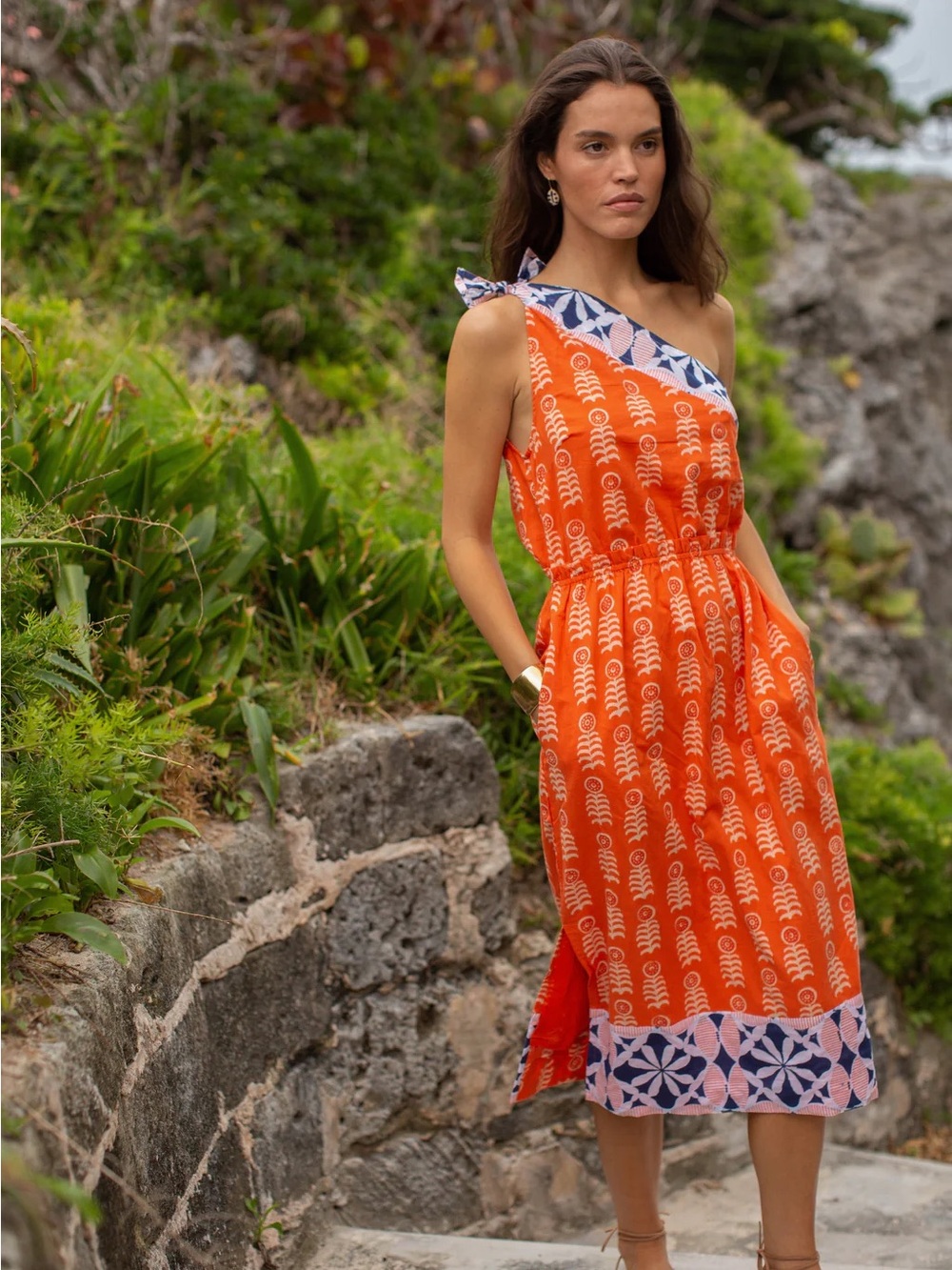 One-Shoulder Orange Printed Midi Dress with Blue Trim